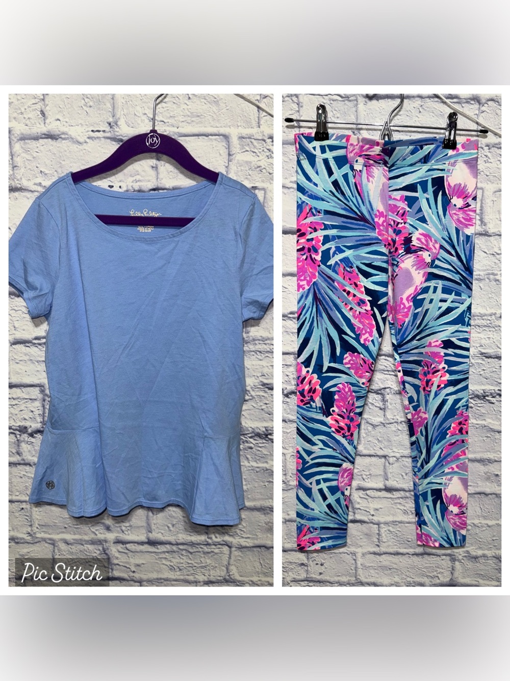 Lilly Pulitzer Girls Bundle L 8-10 Blue Peplum Top & Tropical Floral Leggings